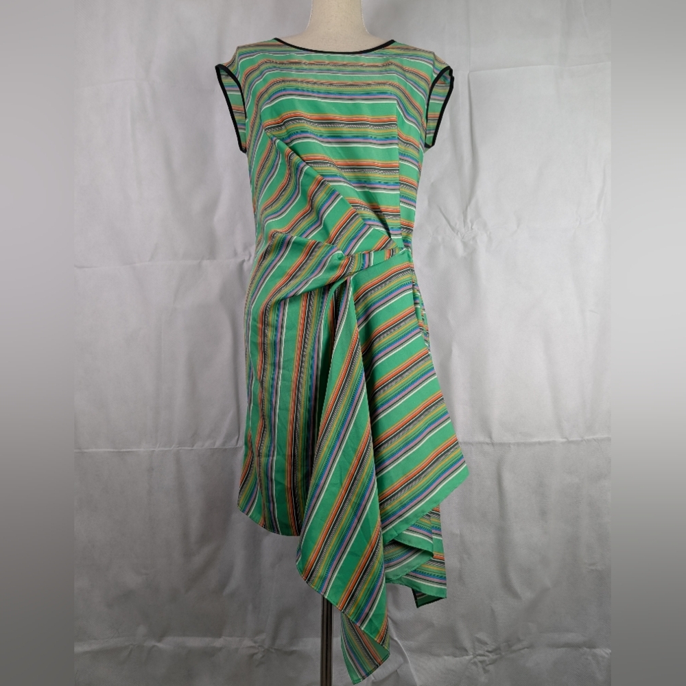 Rachel Roy Striped Green Dress Draped Pleated Front Skirt Size M